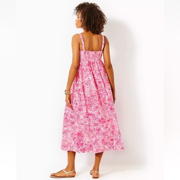 Lilly Pulitzer Azora Cotton Midi Dress Peony Pink Seaside Scene 14 - Picture 3 of 14